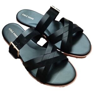 Cole Haan Sz8 B Fairen Leather/Suede Strappy Buckle Slide Flat Sandal Black/Gold
